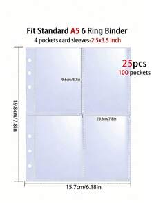 25pcs/50sheets A5 6-Ring Binder Sleeves, 2.5x3.5" Photo Pockets, Double-Sided 4-Pocket Page Protectors, Ultra Clear Trading Card Sleeves - Transparent - View 8