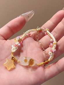 2pcs Handmade Woven Bracelet With Cute Cat & Star Pendant, Unique Gift For Best Friends, Wife, Festival, Animal Jewelry, 1 Blue 1 Yellow, Random Pendant Color - Nhiều màu - Xem 2