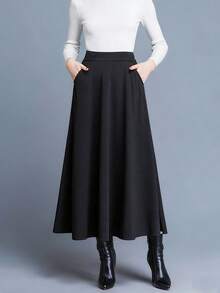 Falda de mujer Nueva colección de bolsillos Falda primavera/otoño Falda favorecedora de cintura alta Falda informal para mujer Falda midi versátil Falda interior Falda larga elegante para mujer Cintura elástica con falda amplia Falda midi lisa Falda midi para mujer - Negro - Ver 3