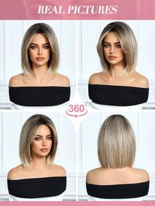 Peruca Ombré Curta e Lisa de 30 cm (12 polegadas), Feminina, com Mechas Brancas e Raízes Escuras, Ideal para Cosplay e Uso Diário, Fibra Sintética Resistente a Altas Temperaturas. - Ombre marrom - Ver 8