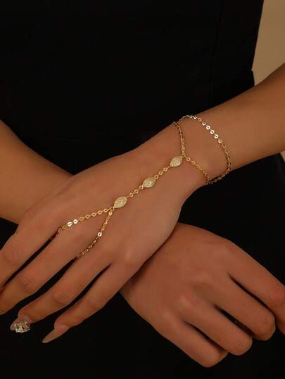 1pc Luxury Rhinestone Leaf Finger Chain, Gold Color, Fashion Jewelry Accessory For Party, Elegant Gift