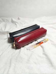 INS风格仿皮铅笔盒，酒红色/黑色简约拉链铅笔盒，大容量学生文具收纳袋