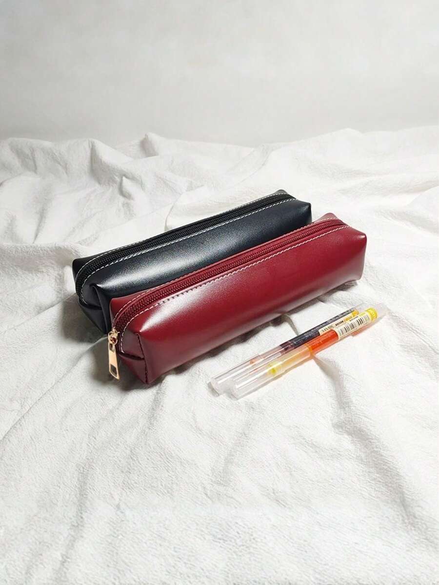 INS风格仿皮铅笔盒，酒红色/黑色简约拉链铅笔盒，大容量学生文具收纳袋