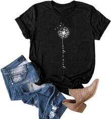 MaQiYa Women Cute Make A Wish Dandelion Printed T Shirt Summer Cotton Vintage Graphic Tee Tops - Black - View 1