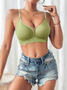 Women Solid Seamless Wire‑Free Bra, Mesh Splicing Detail, Adjustable Straps With Non‑Removable Pads, Supportive Comfort Everyday Underwear For Ladies - Lime Green - View 3