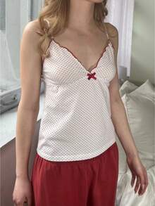 Womens Polka Dot Print Crop Camisoles Tank Tops Spaghetti Straped Deep-V Neck Bow Cami Streetwear Party Clubwear Going Out Tops Vacation Outfits Women, Holiday Outfits Women, New Years Outfits Women - 彩色 - 查看 1