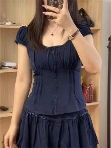 Women Lace Trim Y2k Coquette Shirt Cap Sleeve Button Down Slim Fit Fairy Crop Top For Teen Girls - 藏蓝色 - 查看 1