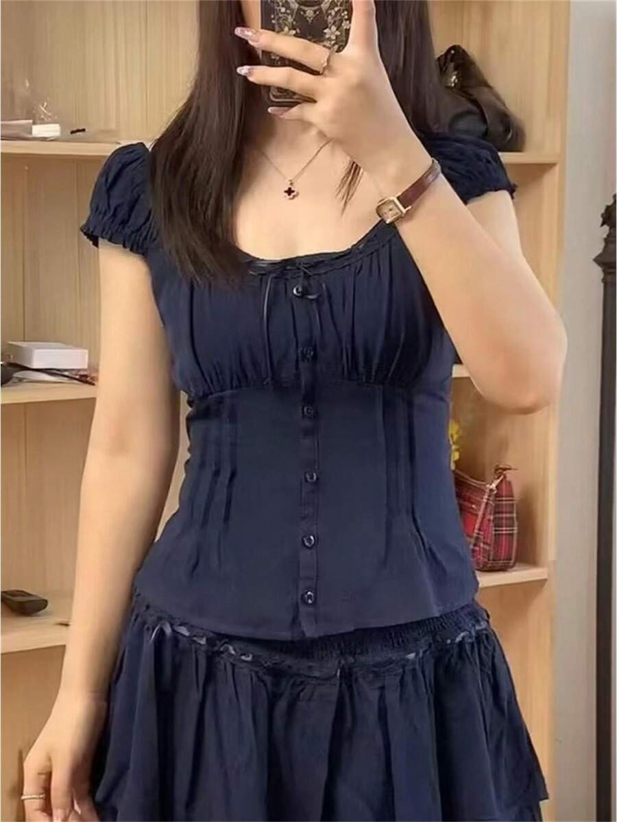 Women Lace Trim Y2k Coquette Shirt Cap Sleeve Button Down Slim Fit Fairy Crop Top For Teen Girls - 藏蓝色 - 查看 1