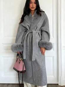 Elegant Women's Wool Blend Overcoat With Faux Fur Collar And Cuffs, Autumn/Winter - Grey - View 2