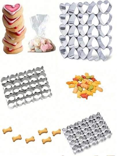 25孔不锈钢心形、鱼形和骨头形饼干模具 - 不粘烘焙模具，适用于零食和派对礼品 | 耐用、易清洁的多形状切割模具，适合家庭和商业厨房 | 精准边缘，可制作均匀的饼干，非常适合情人节、复活节、斋月、圣诞节、万圣节、婚礼、派对等场合 - 适用于商业和家庭厨房 - 耐用的饼干切割工具，节日手工制作