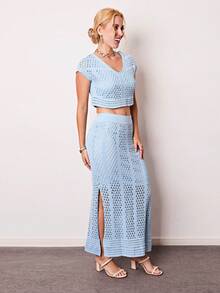 elegante  Casual  Sensual    Tricô    Renda    Praia  Férias  Jardim  Sessão de fotos  Noite - Azul bebê - Visão 4