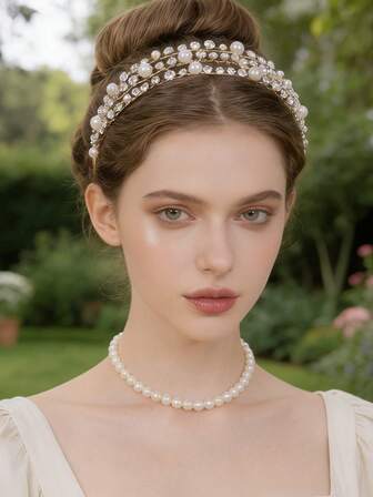 1 pieza Tocado elegante de mujer con multicapa de cristales y perlas, adecuado para accesorios de novia y boda, versátil y romántico, diadema, cintillo para el cabello