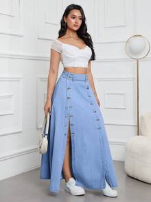 HAPPY GIRL#Spring/Summer Versatile Fashion Casual Elegant Holiday Vacation Daily Travel Front Button Washed Denim Slit Long Skirt For Women - Blue - View 5