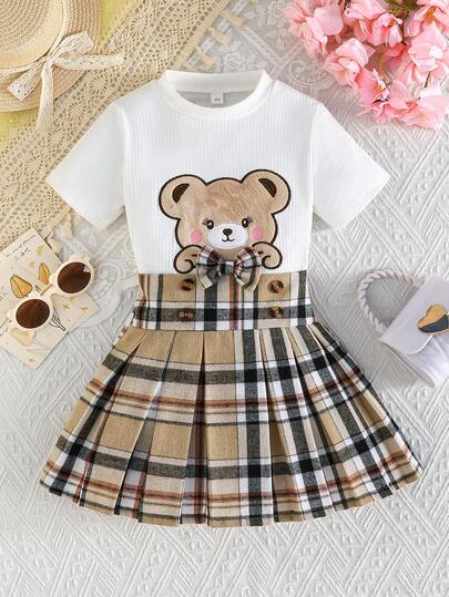 两件套女童休闲甜美可爱刺绣小熊T恤和格子裙套装，适合日常和户外穿着，夏季