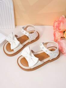 1 Pair Toddler Girls' White Bow & Pearl Accent Faux Leather Breathable Open-Toe Ankle Strap Flat Sandals Princess Shoes For Birthday Parties - White - View 6