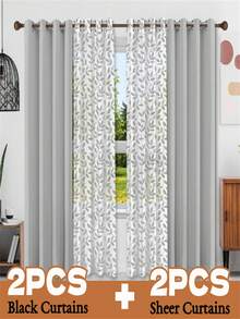 4-Piece Mix And Match Curtain Set - 2 Leaf Print Sheer Curtains + 2 Blackout Curtains (Grommet Window Drapes For Bedroom & Living Room) - Silver - View 5