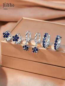 Hihho 6 件套优雅海军蓝方晶锆石花朵吊坠耳环奢华珠宝礼品套装 - 寶藍色 - 查看 2