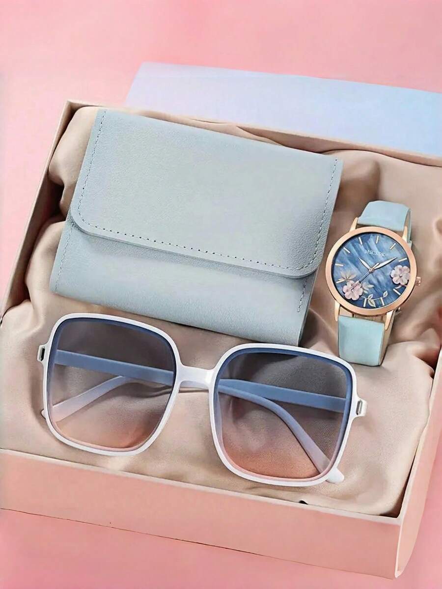 MSCXDK 3件套女士时尚简约罗马数字石英表套装，包括手表、时尚眼镜和钱包（不含礼盒） - 玫瑰金 - 查看 1