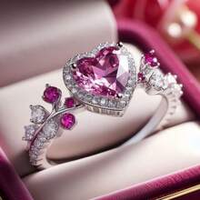 精美珠宝礼物，送给母亲、爱人、家人和朋友——铜质戒指镶嵌心形合成立方氧化锆，女士结婚/周年纪念/情人节/生日戒指，日常佩戴最佳选择 - 銀色 - 查看 3