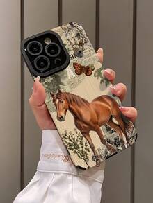 1 pieza Funda de teléfono protectora suave de piel sintética vertical con parche de caballo marrón, mariposa y papel rasgado personalizada y de moda compatible con Apple y teléfonos 17/17AIR/17PRO/17PROMAX - Multicolor - Ver 3