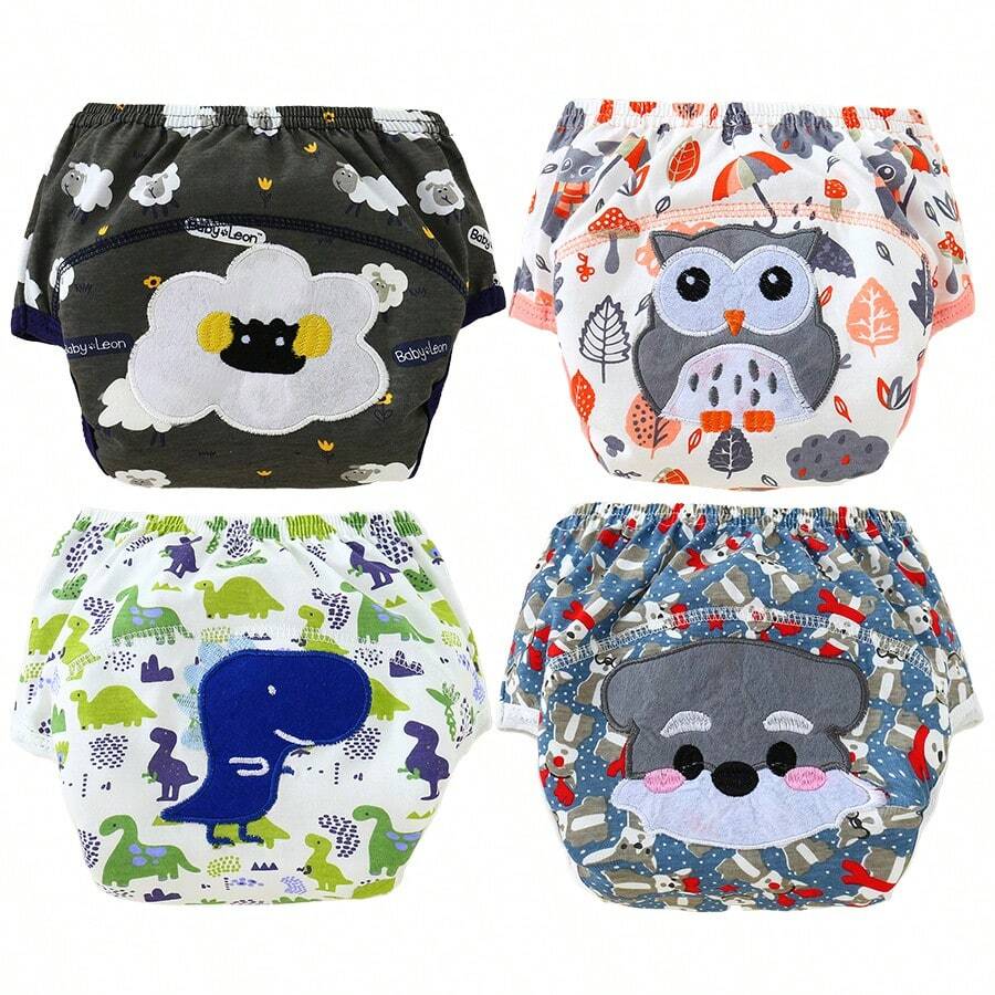Conjunto de 3/4 fraldas de pano reutilizáveis à prova de vazamentos + calça de treinamento bordada, macias, respiráveis e absorventes, ótimo presente para bebês. - Multicolorido - Ver 1