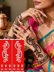 Hana handgezeichnete Cut Out Blumen Tattoo Schablone - Sexy Blumen Muster, geeignet für Hände, DIY Malerei, Tinte, wiederverwendbare Mandala Design Vorlage Aufkleber, geeignet für Frauen Körper Party Make-up - Rot - Übersicht 13