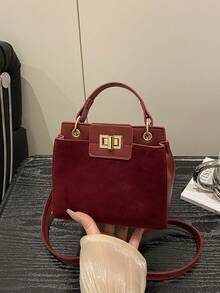 迷你时尚纯色金属锁扣单肩斜挎包，简约多口袋手提包，适合购物、携带钱包，适合年轻女性、大学生、职场新人、上班族女性。是办公室、大学、工作、商务、通勤、户外活动、旅行和短途旅行的理想之选。 - 酒紅色 - 查看 2