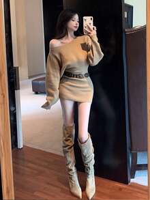 2025 New Y6Y Off-Shoulder Long Sleeve Sweater Dress With Belt, Sexy & Slimming Bodycon Dress For Women, Autumn
