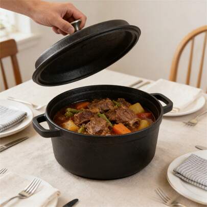 26cm Cast Iron Dutch Oven Non-Coated, Dual Handles & Lid For Oven Stovetop, Induction Compatible