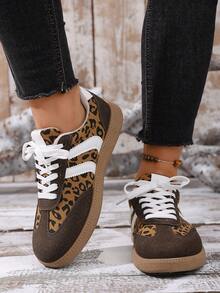 2025 New Leopard Print Retro Striped Rubber Sole Casual Sneakers, Breathable American Style Skate Shoes For Women - Brown - View 5