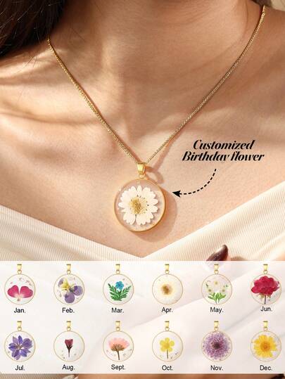 1pc Personalized Bohemian Style Resin Dried Flower Oval Pendant Necklace, With A Variety Of Stainless Steel Chains To Choose From, Water Droplet Birthflower Jewelry, Elegant And Fashionable Daily Wear Pendant, Perfect Gift For Girlfriends, Boyfriends, Wives, Anniversaries, Valentine's Day, Mother's Day, Birthdays And Special Occasions