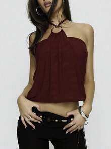 Women Y2K Halter Tank Top Sleeveless Backless Draped Front Going Out Tops Solid Color Back Tie Up Crop Vest Tops Summer Party Club Streetwear Rave Outfit Concert Outfit  Valentines Clothes  Beach Vacation Outfits - Màu Đỏ Sâu - Xem 3