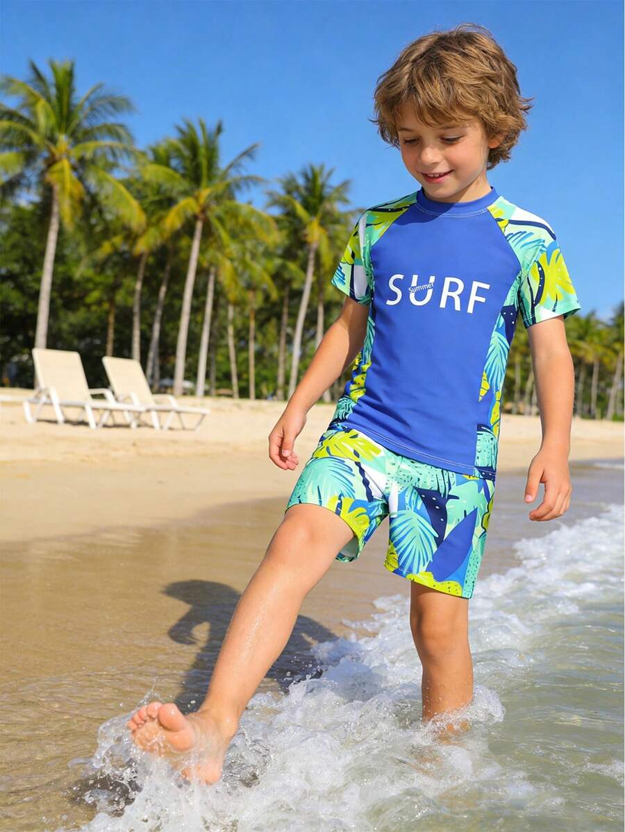 This 2 Pieces Swimsuit Is Fashionable And Refreshing, Making It An Ideal Choice For Summer Leisure And Vacation, Designed Specifically For Young Boys. It Features A Color Block Design With A Digital Print Of Brown Tree Patterns. This Stretchy, Quick-Drying And Comfortable Swimsuit Is Perfect For Beach Vacations, Pool Parties, Surfing And Travel. - Blue - View 1