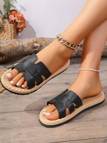 1 Pair Versatile Slip-On Sandals, Beige/Black/Brown, Cute & Fashionable For Teenagers, Summer New Arrival - Black - View 6