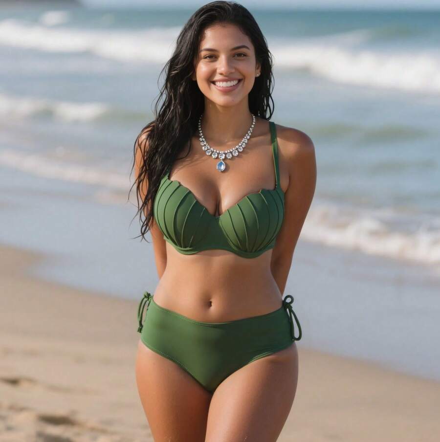 Mermaid Shell Bikini Top With Padded Cups And Underwire, High-Waisted Hot Pant Bottom, Beachwear - 軍綠色 - 查看 1