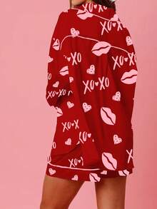 Conjunto de pijama de San Valentín para mujer, con estampado de lazo de corazón, botones, manga larga, solapa, top y pantalones cortos, conjunto de 2 piezas para estar en casa - Rojo - Ver 4