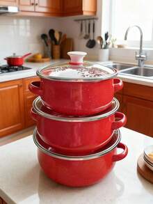 三件套彩色搪瓷厨具套装 - 搪瓷带盖锅、搪瓷砂锅、搪瓷汤锅、拉面锅、迷你火锅、粥锅、保温锅、厨房用具、奶锅、小圆锅、厚底汤锅、砂锅、煎锅，适用于电磁炉、燃气灶，家用，搪瓷厨具套装，含厚底双耳汤锅 - 小鍋三件套 - 查看 9