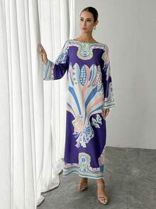 一件紫色印花女士休闲长袍，优雅宽松长款连衣裙，奢华节日派对礼服，传统阿拉伯长袍，送给妈妈、女儿、朋友的完美新年礼物 - 紫色 - 查看 6