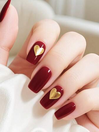 24 piezas de uñas cuadradas para el Día de San Valentín, simples y elegantes, de color rojo, con decoración de corazones dorados y brillantes de color rosa, estilo lindo de , con cobertura total de brillo, uñas acrílicas falsas prensadas, adecuadas para regalos de festival para damas, decoración de uñas diaria y de fiesta