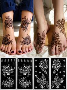 4 ark tillfälliga tatueringsschabloner, blomma henna tatueringsschablonklistermärken, återanvändbara blommönster kroppskonstmallar för kvinnor kroppsmakeup mehndi-designer, 3 lager - Svart - Visa 11