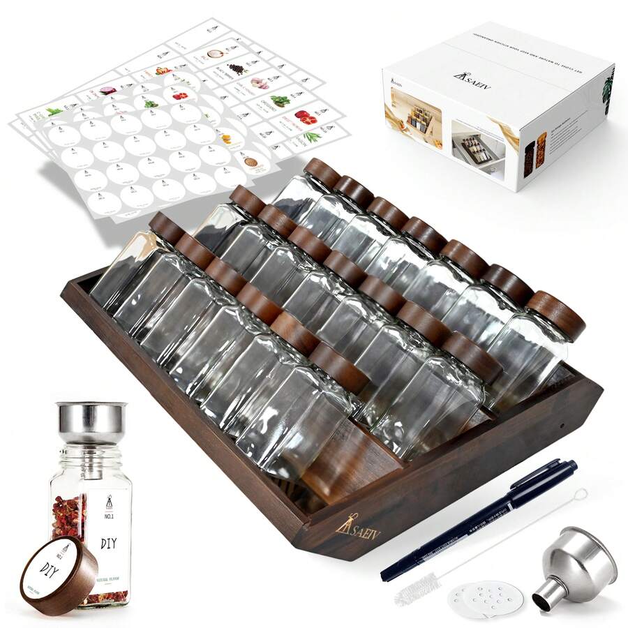 ERUIV Square Spice Jars, 2-In-1 Design With Acacia Wood Stand (FCM®) – Set Of 21 Spice Jars (120 Ml Each), Including Multiple Labels, Can Be Stood Upright And Is Suitable For Drawers – Spice Rack For Drawers And Spice Jars - 21 Spice Jars + Wooden Frame - View 1