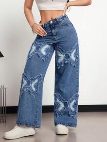 Mobula Sound 休闲优雅百搭直筒宽松女式牛仔裤，适合春夏季、休闲、度假、日常穿着、约会、旅行 - 藍色 - 查看 6