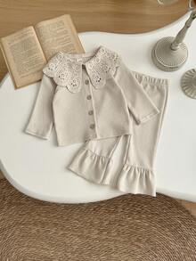 2件套幼儿女童蕾丝边彼得潘领卫衣和打底裤套装，春秋季 - 杏色 - 查看 4