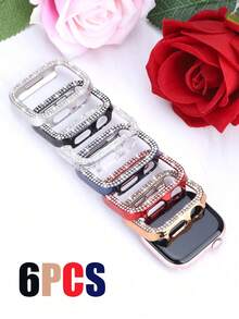 6pcs Shiny Watch Case Compatible With Apple Watch 40mm, 41mm, 42mm, 44mm, 45mm, 46mm And 49mm. Featuring Double-Row Diamond Inlaid, Shock-Resistant, Hollow-Out Hard PC Protective Case, Compatible With Apple Watch Ultra/11/10/9/8/7/6/5/4/SE Series. Fashionable And Elegant Ladies' Watch Case, Comfortable To Wear, Sensitive Touch. - Transparent + Blue + Black + Starlight + Rose Gold + Various Colors - View 1