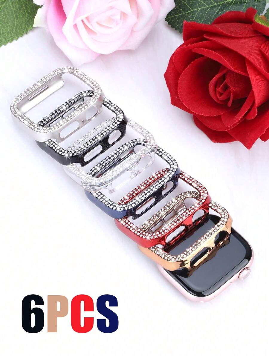 6pcs Shiny Watch Case Compatible With Apple Watch 40mm, 41mm, 42mm, 44mm, 45mm, 46mm And 49mm. Featuring Double-Row Diamond Inlaid, Shock-Resistant, Hollow-Out Hard PC Protective Case, Compatible With Apple Watch Ultra/11/10/9/8/7/6/5/4/SE Series. Fashionable And Elegant Ladies' Watch Case, Comfortable To Wear, Sensitive Touch. - Transparent + Blue + Black + Starlight + Rose Gold + Various Colors - View 1