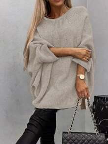 Women's Minimalist Commuter Solid Color Batwing Sleeve Crew Neck Knit Sweater, New Year - Khaki - View 3