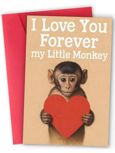 1pc, Charming Monkey "Little Monkey" Valentine's Day Card. Includes Envelope, Premium Paper. Playful Heart-Holding Motif Design. Perfect For Tender Affection-The Ideal Card For Partners (12cm/4.7in X 17cm/6.7in)