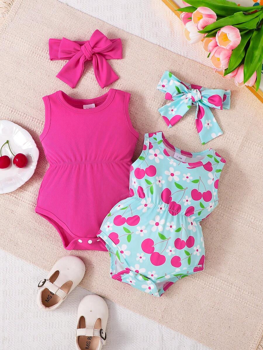 4件套女婴春夏款玫红色条纹连体衣，樱桃印花连体衣配同款发带 - 玫瑰紅 - 查看 1