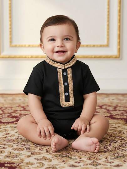 BOARNSEORL Baby Boys Black Short Sleeve Romper With Contrast Color Ruffle, Front Snap Closure, Suitable For Christening, Summer