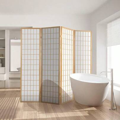 Room Divider 4 Panel Folding Wooden Privacy Portable Screen Shelf Dividers Partition Wall Screens Home Pet Child Indoor Balcony Bedroom Furniture Separator Water-Resistant Natural